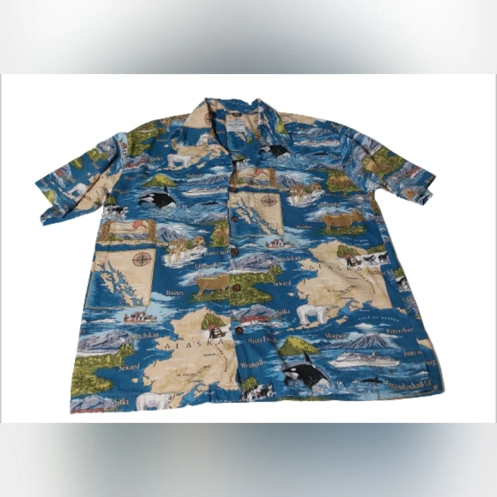 David Carey Originals Alaska Map Hawaiian Shirt‎ Men’s XL Blue Wildlife Print